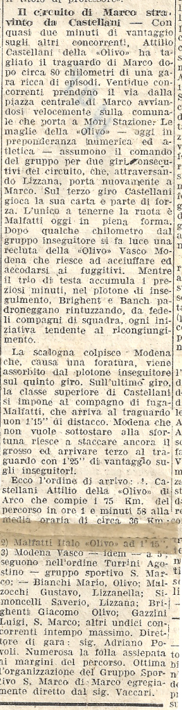 Ritaglio di giornale sul Circuito di Marco, inizio aprile 1948