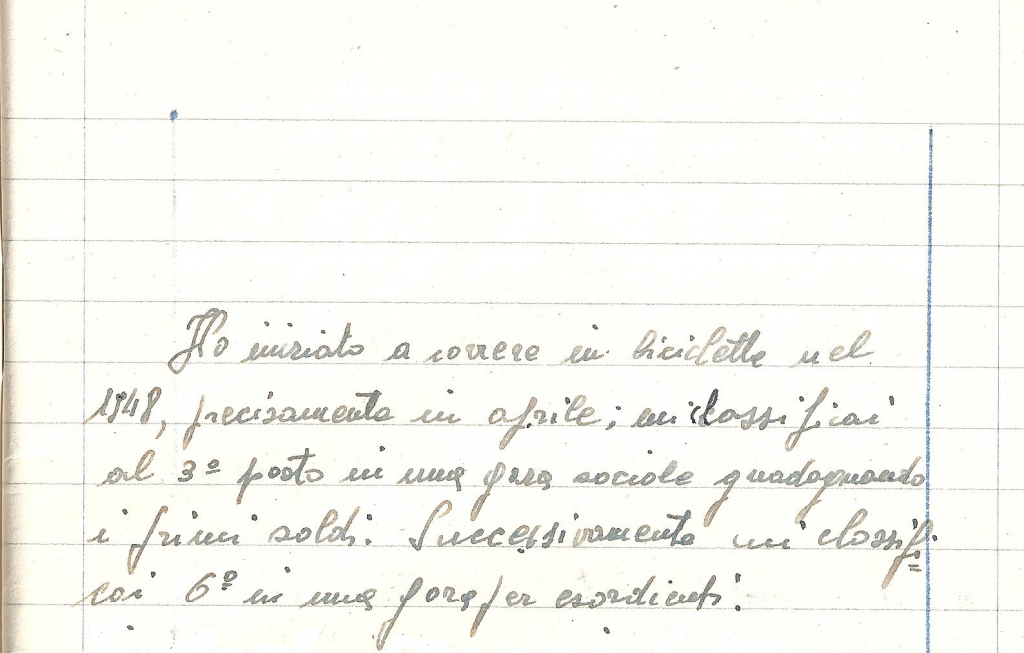 testo manoscritto dal quaderno di Vasco Modena. Il testo è trascritto a fianco.